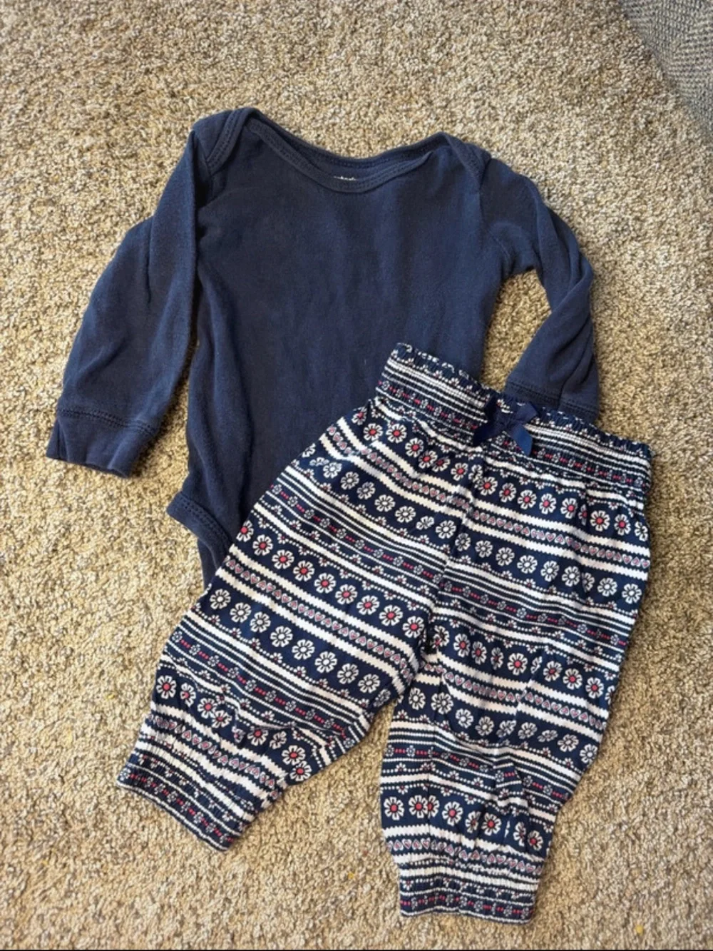 Navy Baby Bodysuit and Patterned Pants Set - Size 6 months